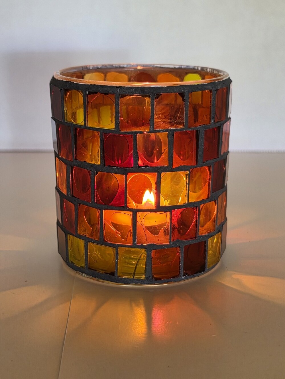 Handmade Mosaic Glass Candle Holder Votive Lantern Autumn Amber Orange Red Boho